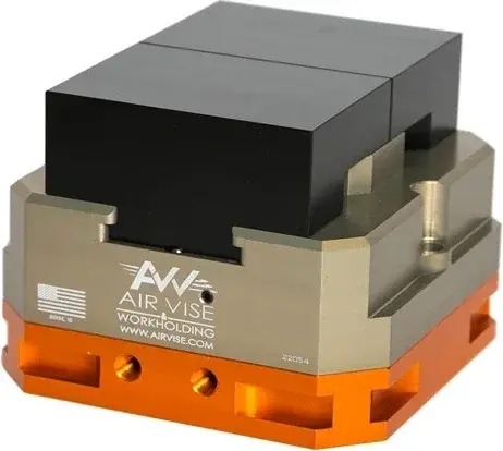 front view of a 6in Air Vise AV-T-6 table vise with black jaws and orange base