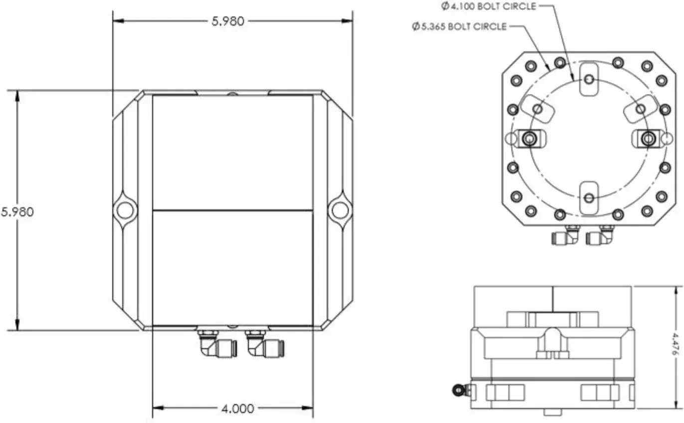 technical drawing with dimensions of a table vise from top and side views