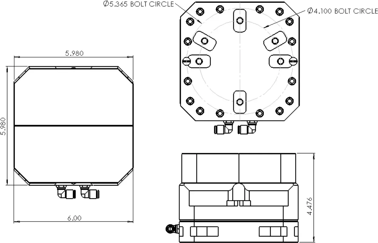 technical drawing with top and side views of a 6 inch self-centering Air Vise table vise