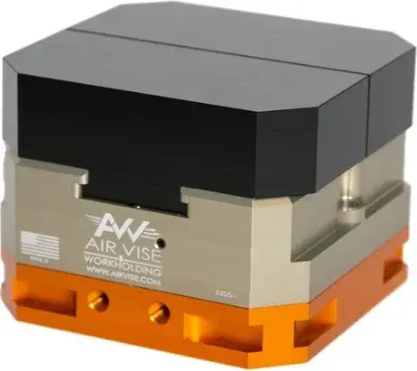 front view of an Air Vise self-centering table vise with black top and orange base