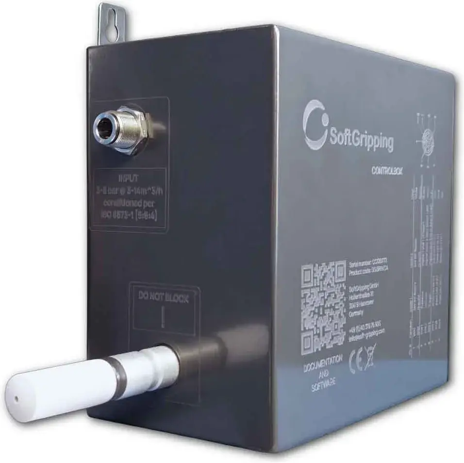 SoftGripping SG.BP.1V.C4 vacuum control unit showing front connector and side label