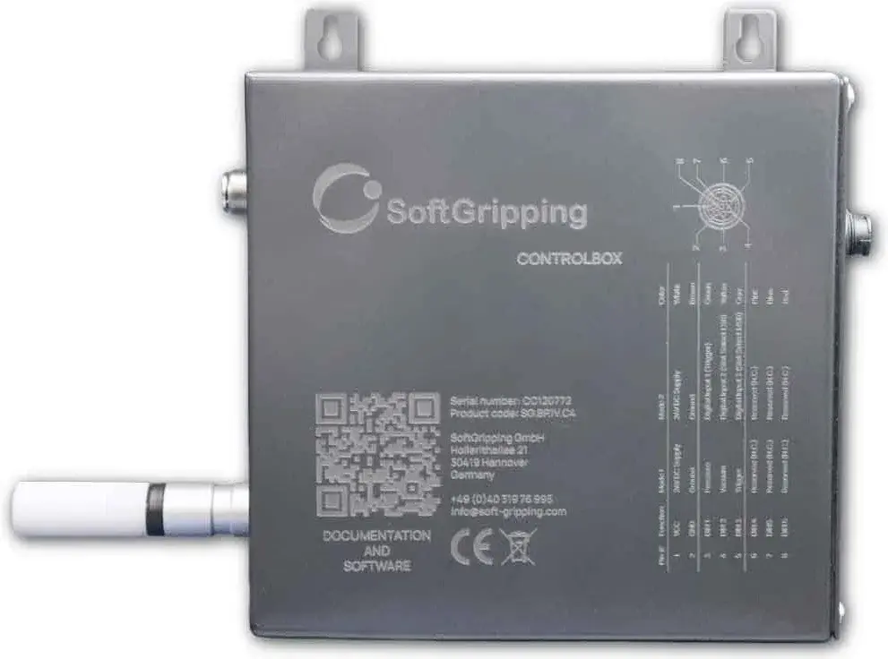 SoftGripping control box with visible connectors and detailed product information on side