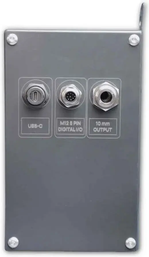 front view showing USB-C, M12 8 PIN Digital I/O and 10 mm output connectors on vacuum control unit