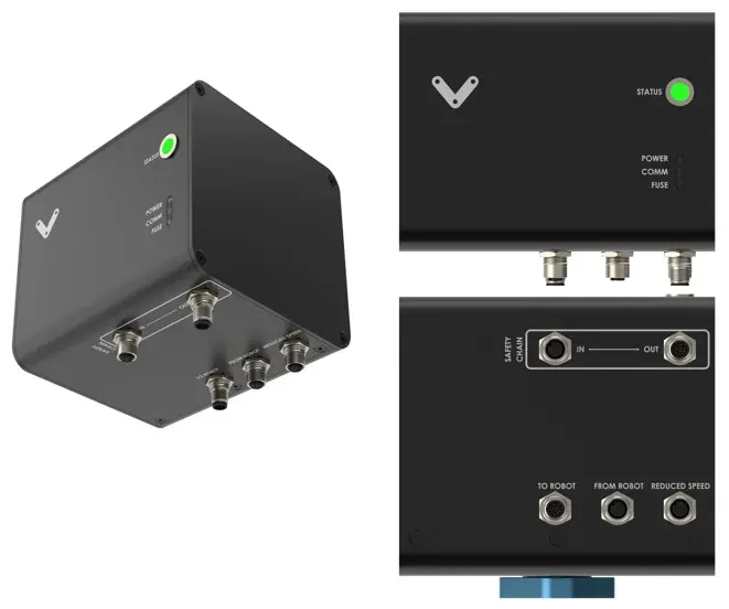three quarter view of black MachineMotion Safety Relay with connectors and lights, plus close-up detail views