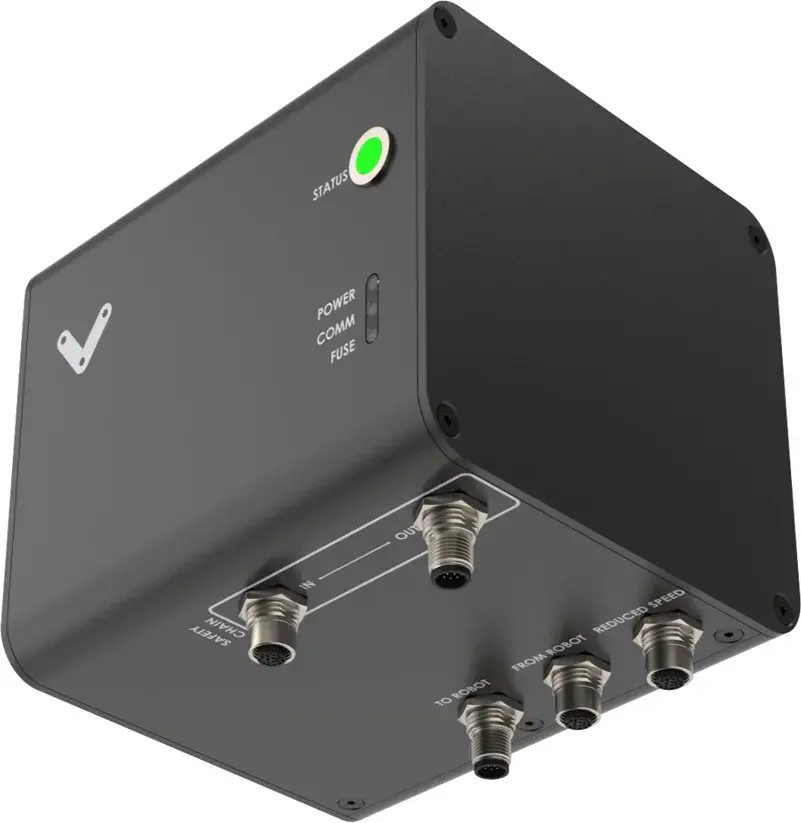 bottom front side view of MachineMotion Safety Relay showing connectors and status light