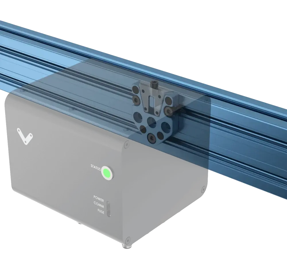 Vention MachineMotion Safety Relay mounted on a blue rail viewed from the side
