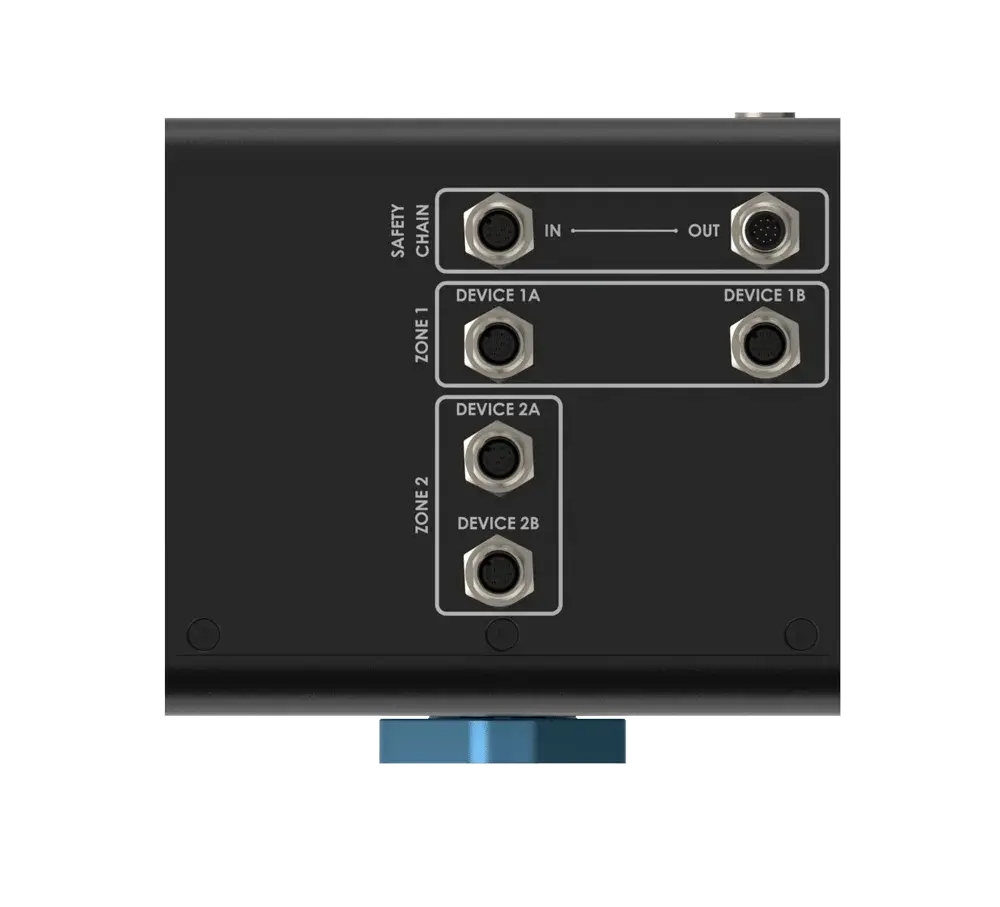 front view of a Vention MachineMotion Safety Relay showing connectors