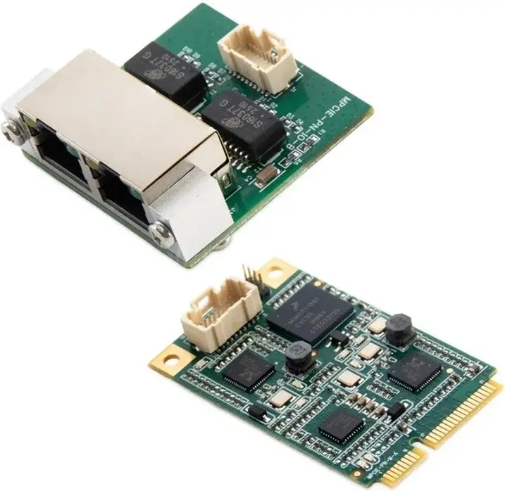 angled front view of two small circuit cards with connectors and chips