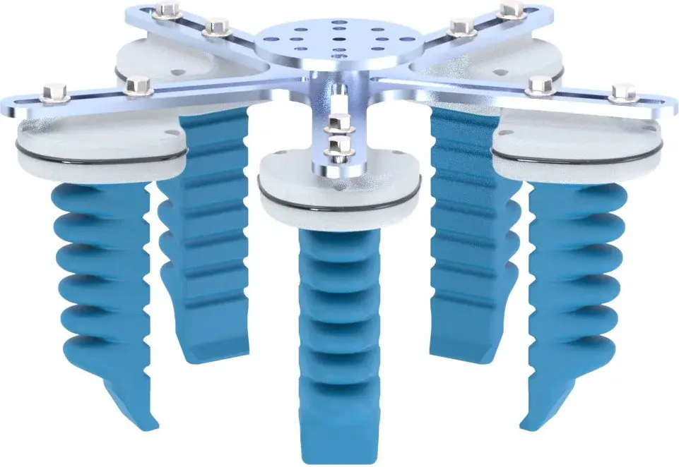 front view of a six-finger soft gripper showing blue silicone fingers and metal supports