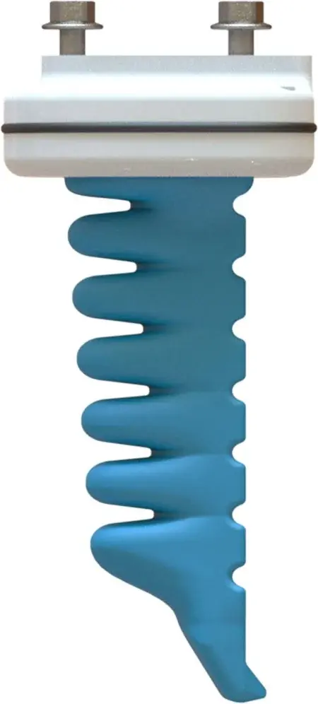 close-up side view of a single blue soft finger actuator with metal connector
