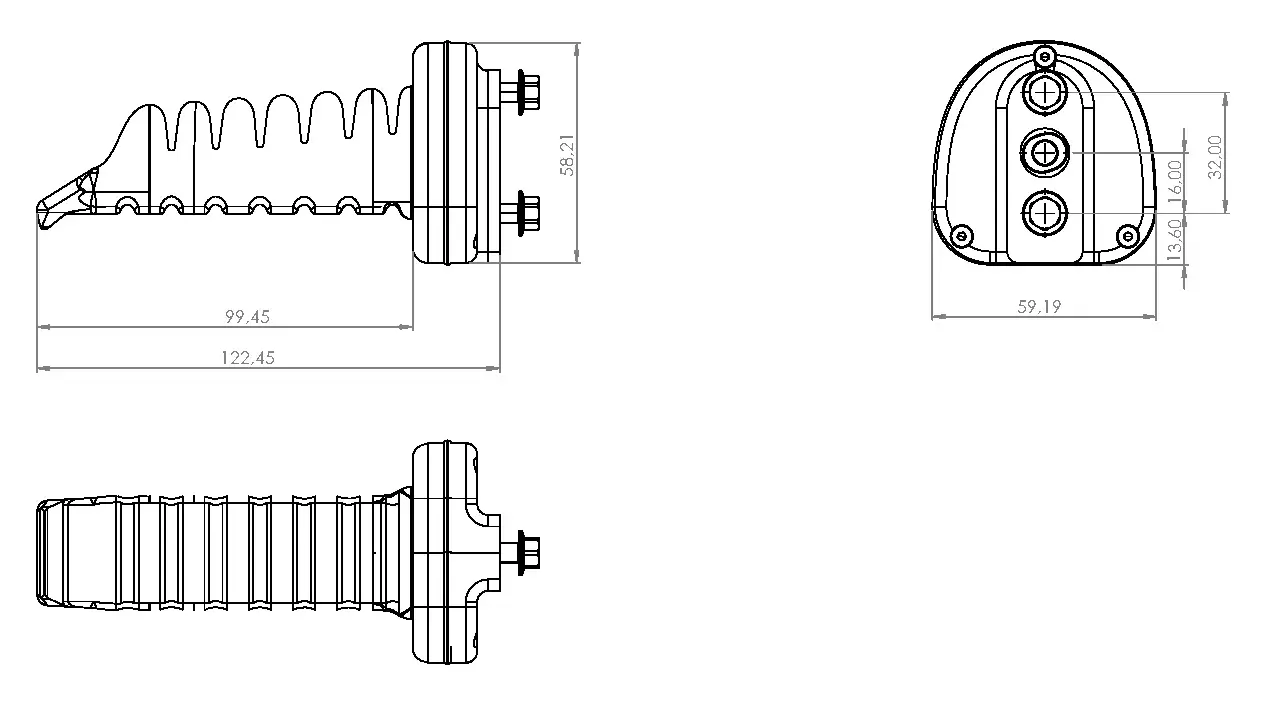 three technical drawings showing side, front, and top views with dimensions of the gripper finger