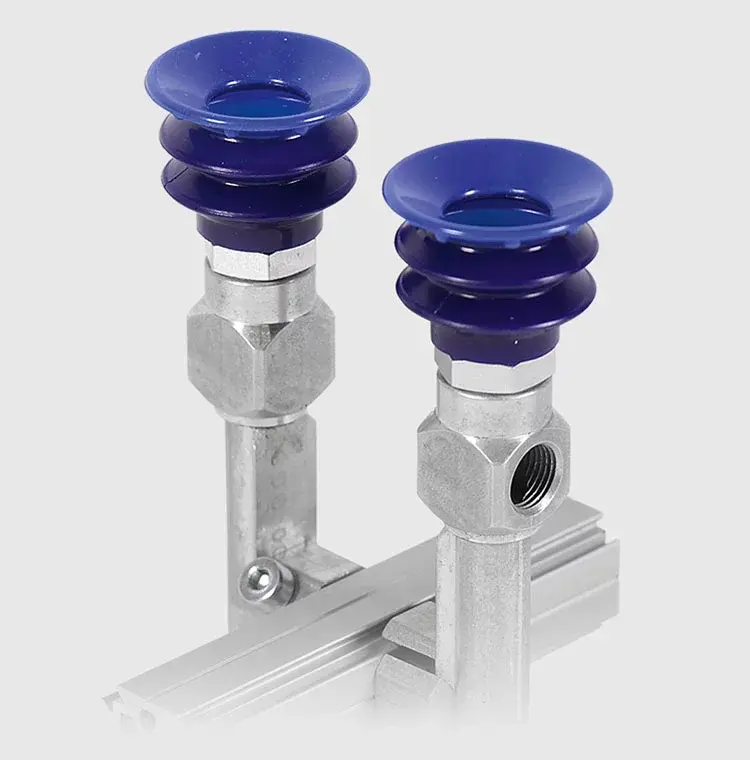 side view of 2-pad vacuum gripper mounted on extrusion with blue suction pads