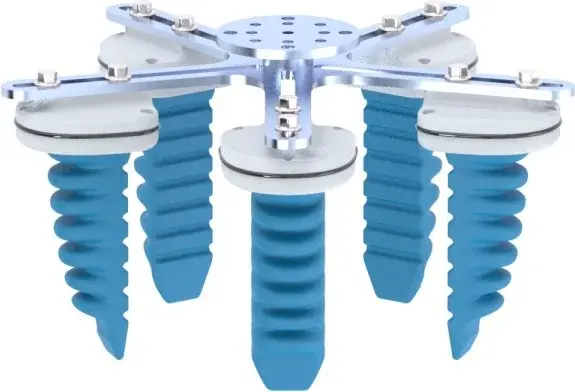 angled view of pneumatic soft gripper with five blue fingers and metal mounting plate