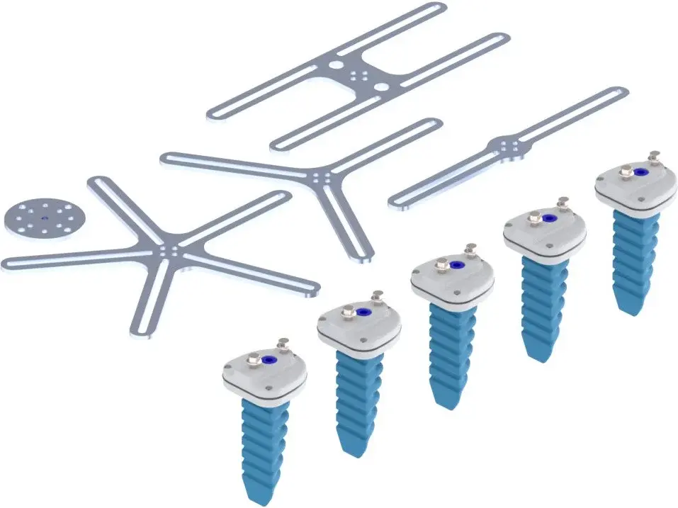 angled side view of metal frames and blue pneumatic soft gripper fingers
