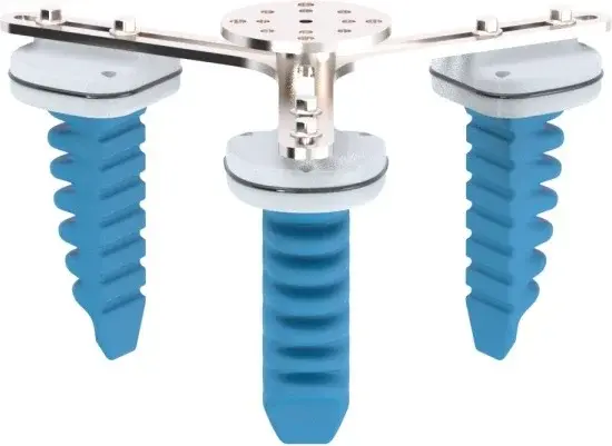 front view of pneumatic soft gripper with three blue fingers attached to metal frame