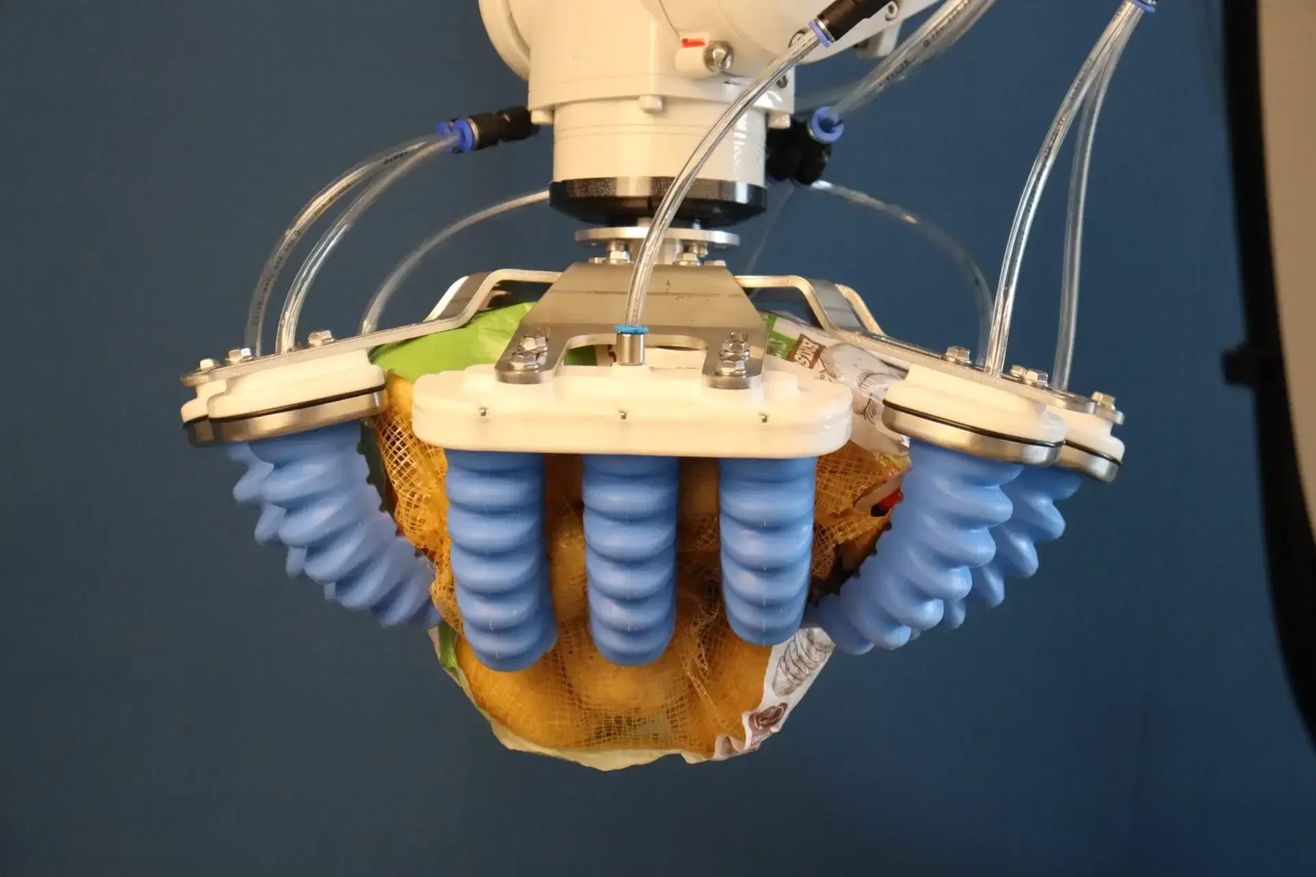 pneumatic soft gripper with five blue fingers mounted on a robot holding a bag