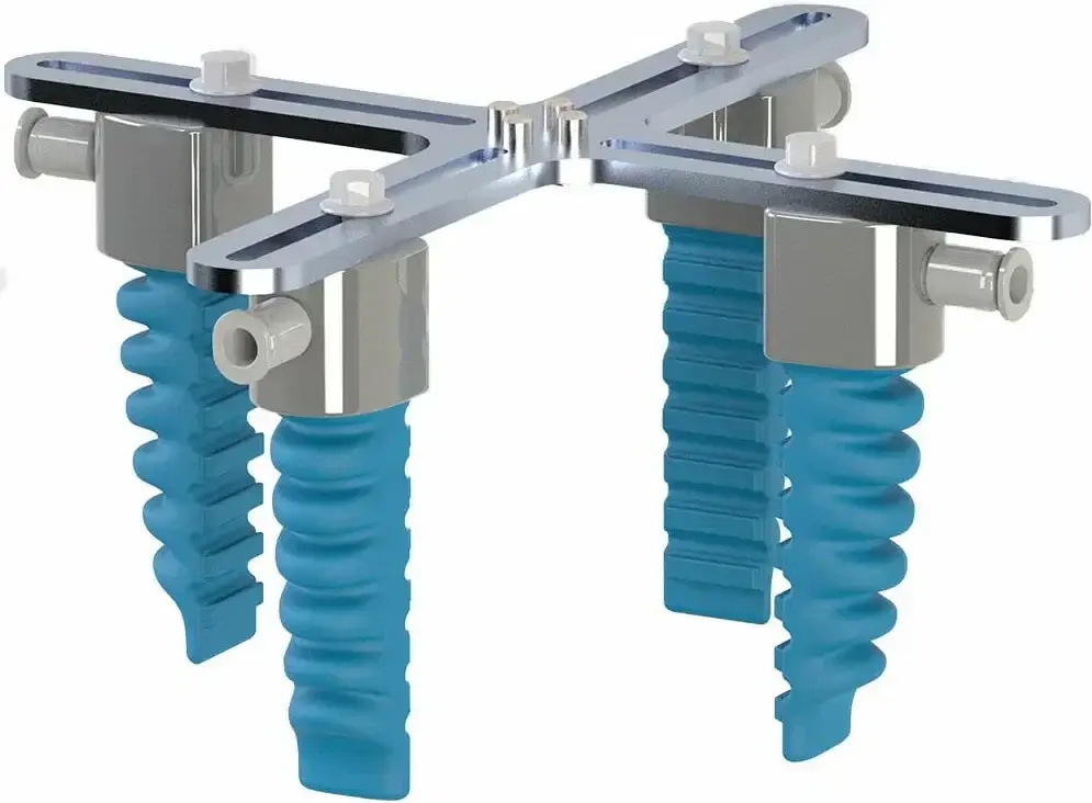 angled front view of the SoftGripping GorillaFinger pneumatic soft gripper with five fingers attached to a metal frame