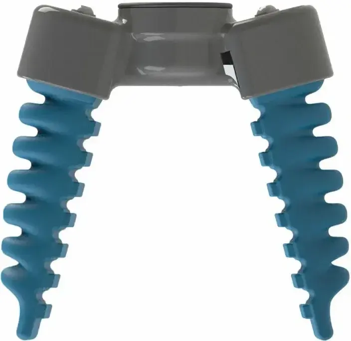 front view of a three-finger centric gripper with blue fingers and gray housing