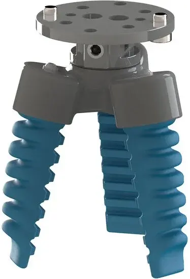 Front view of SoftGripping three-finger centric gripper showing two fingers spread