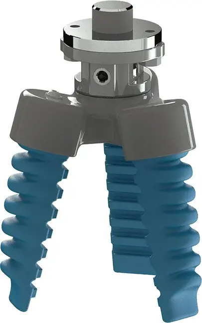 SoftGripping three-finger centric gripper with blue rubber fingers viewed from front side