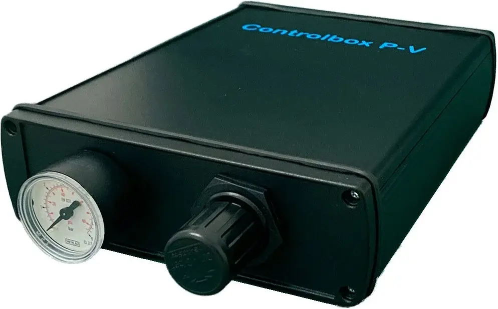 Front angled view of SoftGripping Controlbox P-V with vacuum pump and pressure gauge