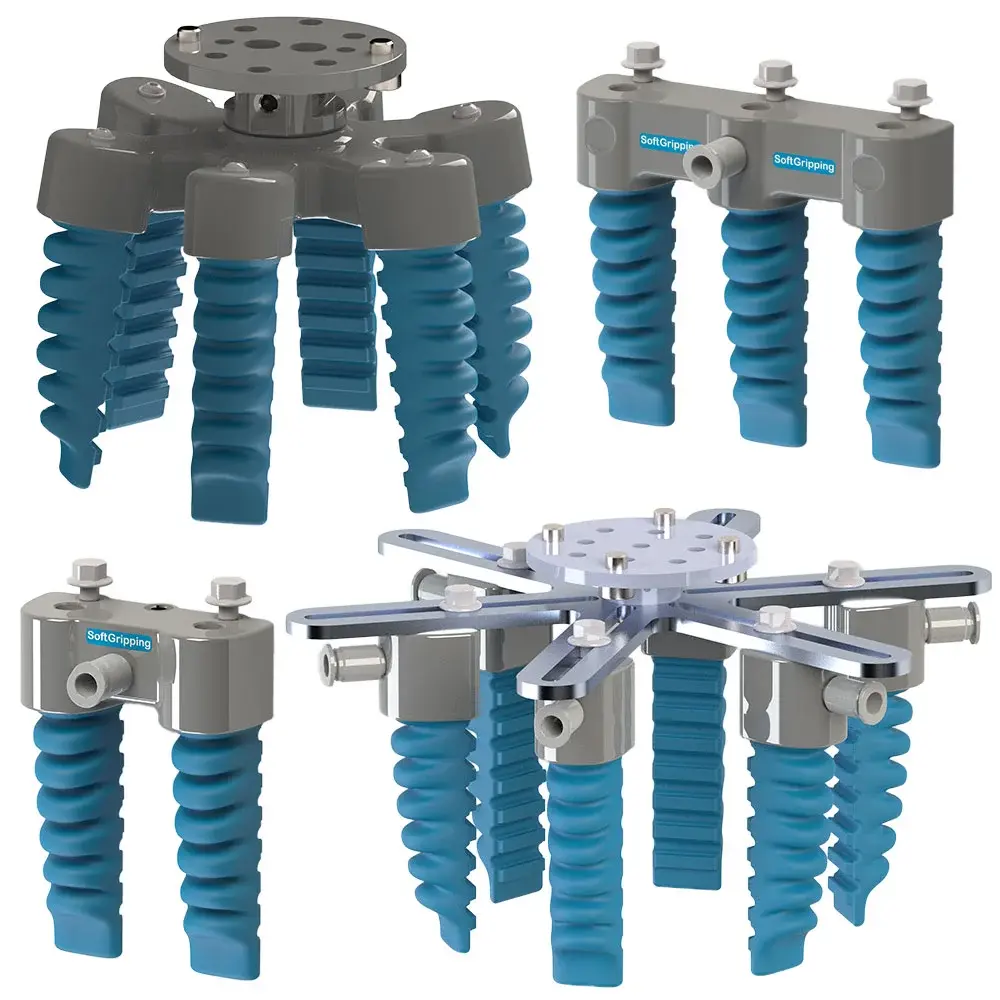 four assembled views of the soft gripper with six blue fingers and metallic fixtures