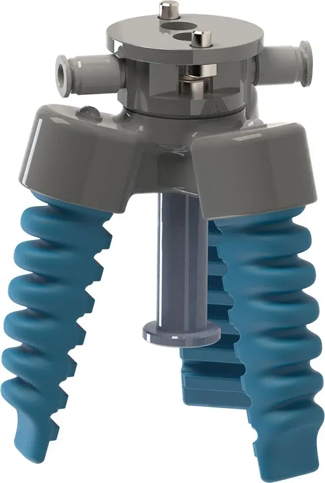 front view of SoftGripping SG.AN.B6 soft gripper with three blue fingers and gray top