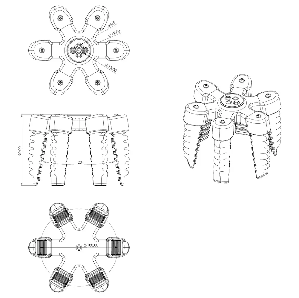technical drawing of a soft gripper with six fingers showing top, side, and perspective views with measurements