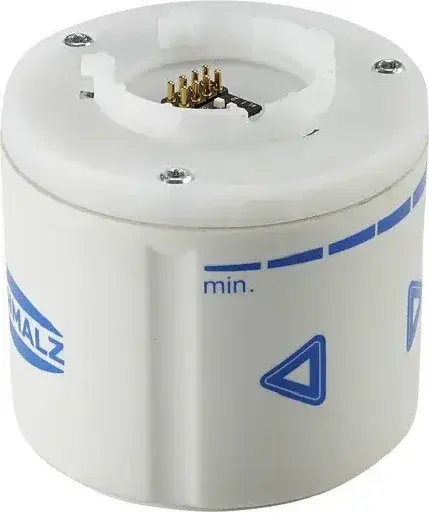 top front view of the cylindrical Schmalz CobotPump showing connectors and blue markings