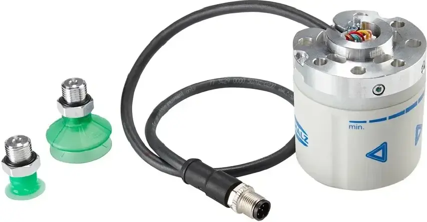front view of Schmalz CobotPump with attached hose and two green suction cups