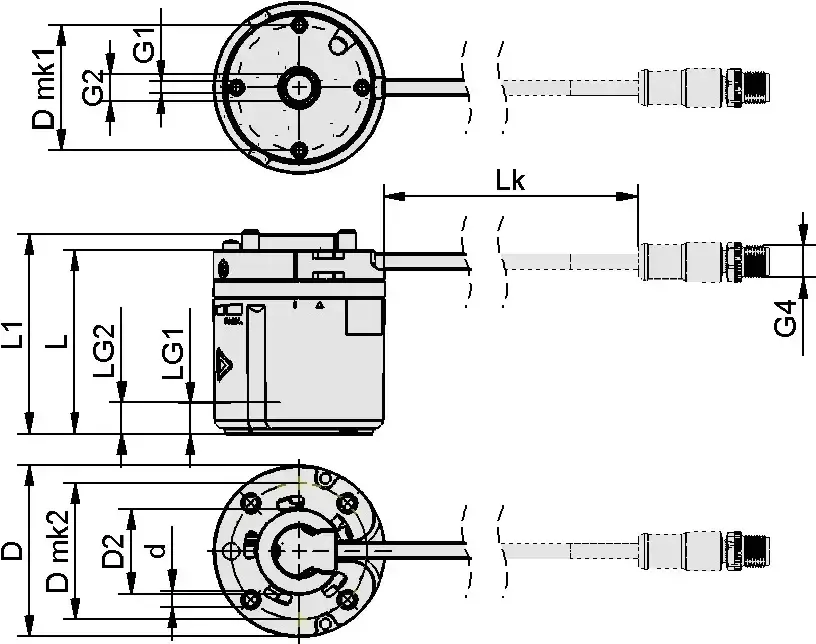 technical drawing with front, side, and top views including measurements and connector details