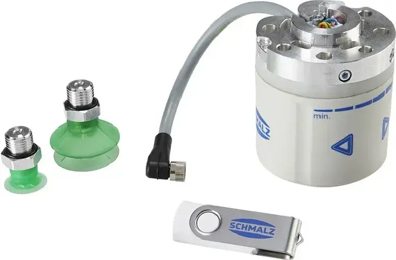 Front view of Schmalz CobotPump with two green suction cups and a USB device