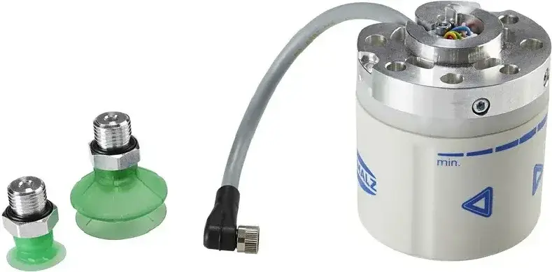 Schmalz electric vacuum pump with two green suction cups and angled cable