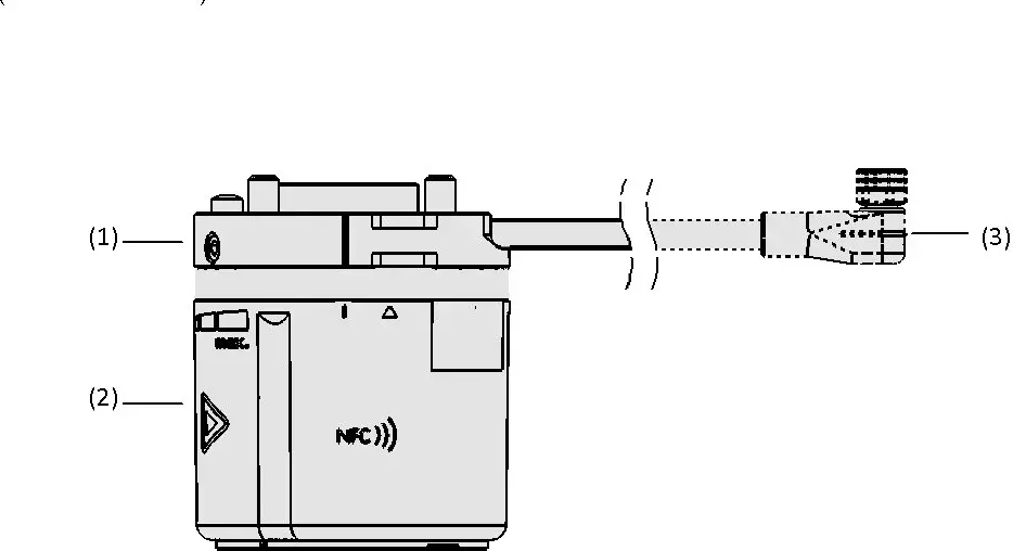 black and white side drawing of the vacuum pump showing connectors and housing