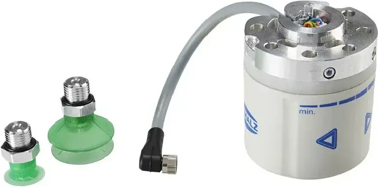 Schmalz CobotPump electric vacuum pump and two green suction cups on white background