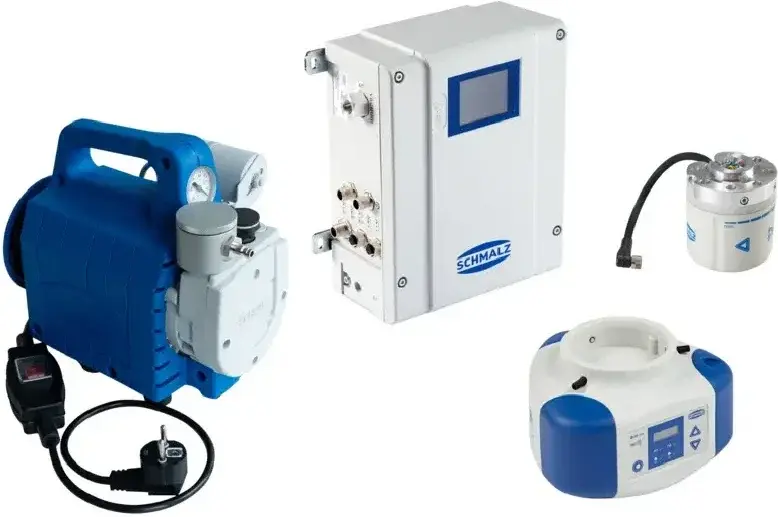 Schmalz CobotPump electric vacuum pump with connected cable and two green suction cups