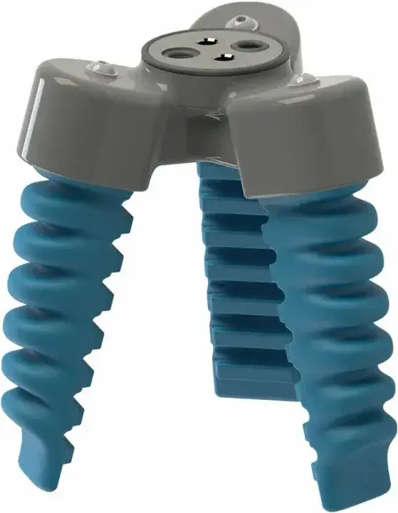 top view of a two-finger soft gripper with blue fingers and grey housing
