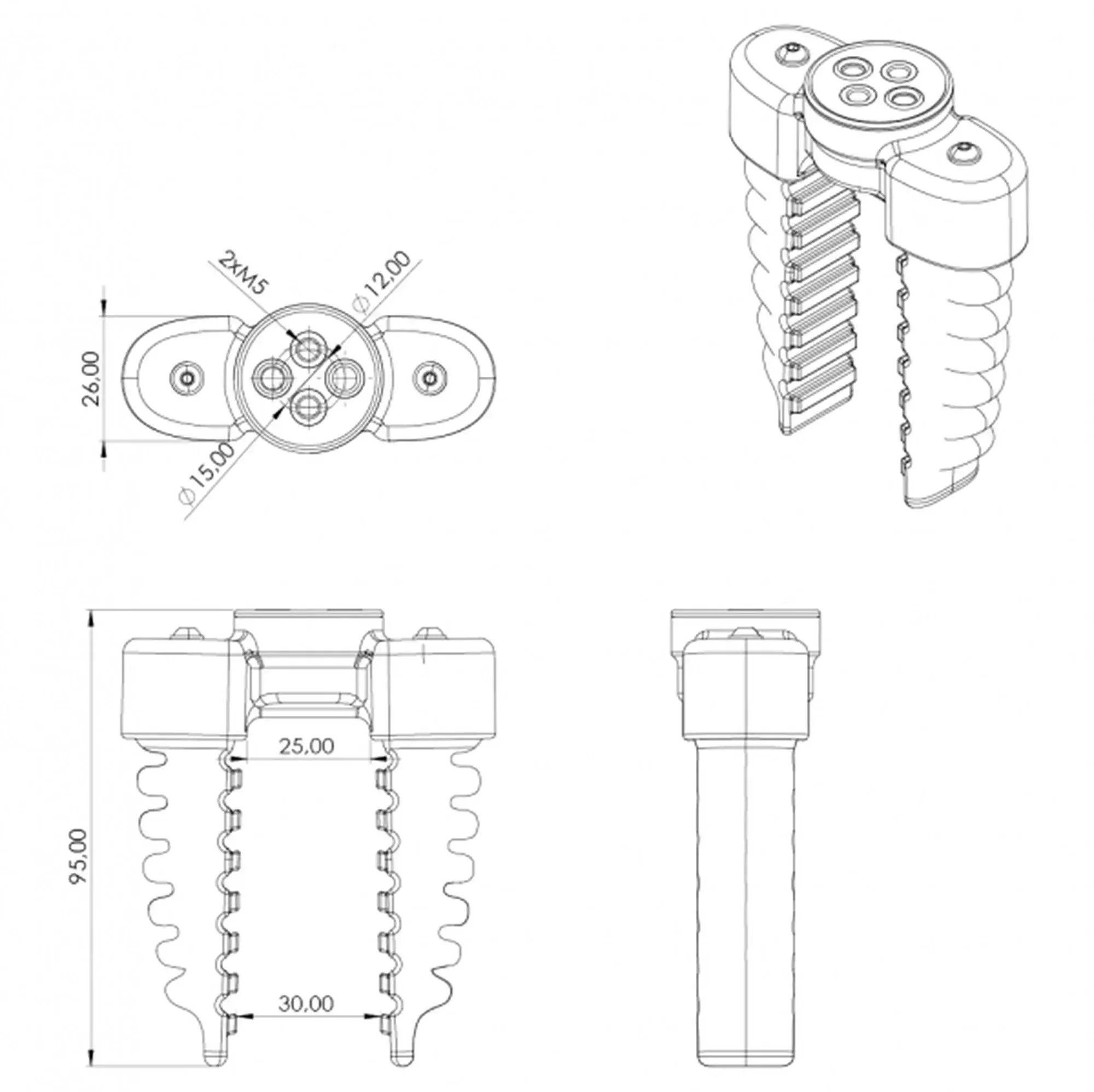 technical drawing showing multiple views of the two-finger soft gripper with measurements