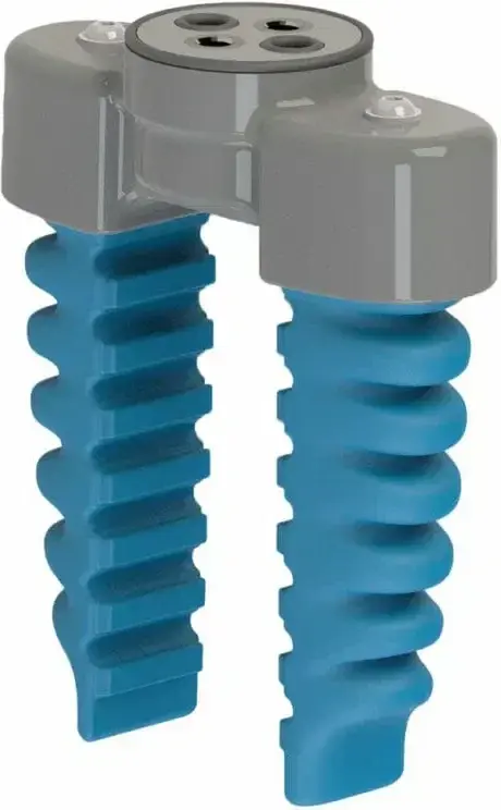 front view of two-finger soft gripper with blue fingers and gray mounting plate