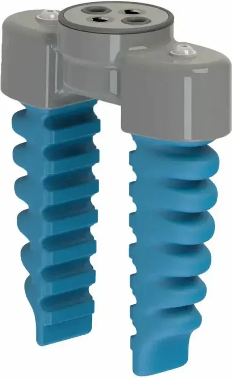 Two-finger parallel soft gripper with flexible blue fingers and gray mounting plate