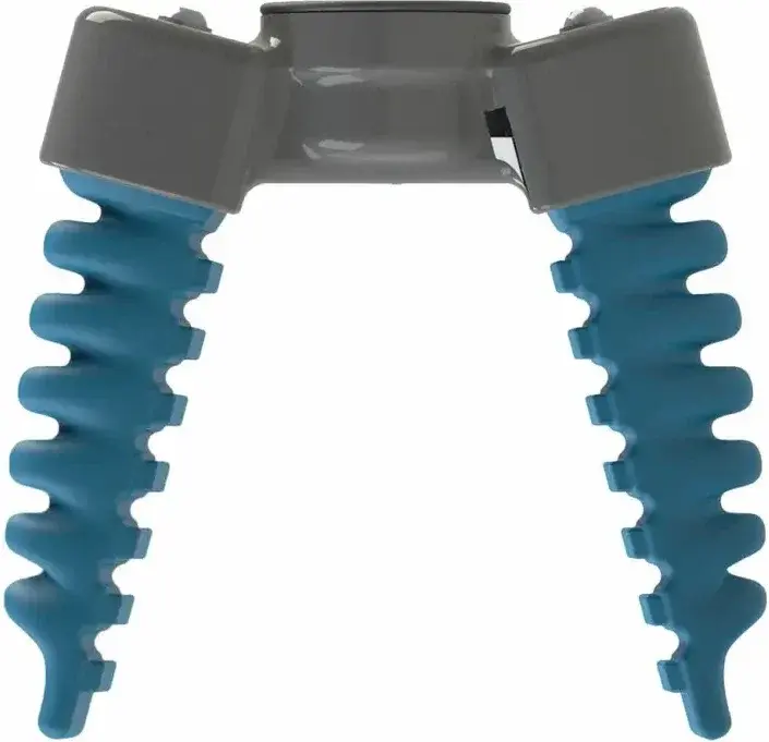 front view of two-finger soft gripper with blue fingers and gray mounting plate