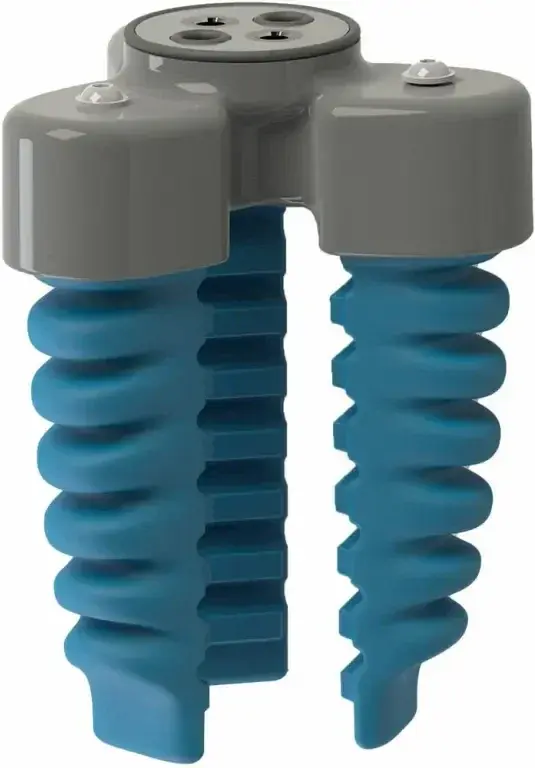 front view of a two-finger soft gripper with blue flexible fingers and gray mounting plate