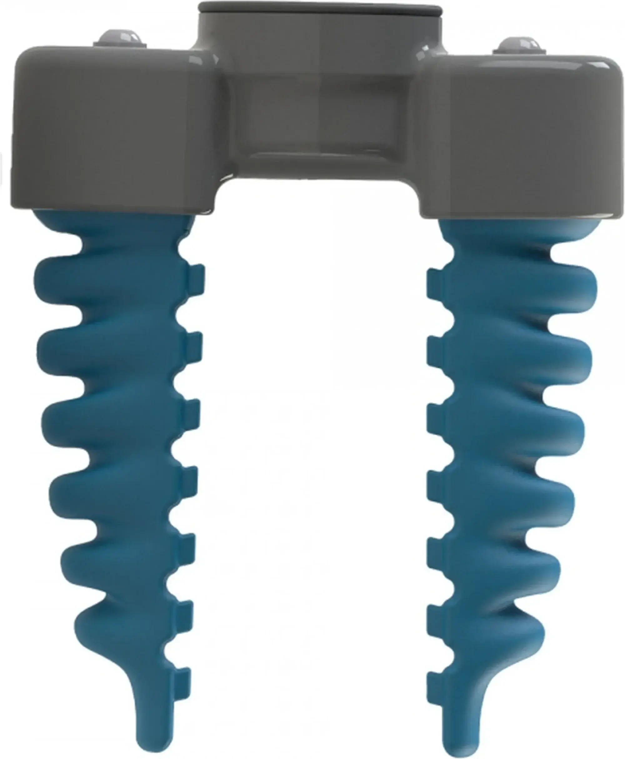front view of two-finger gray and blue soft gripper with ribbed fingers