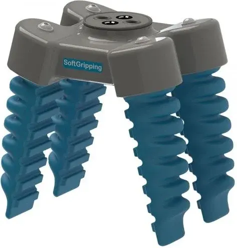front view of SoftGripping four-finger soft gripper with blue fingers and gray top