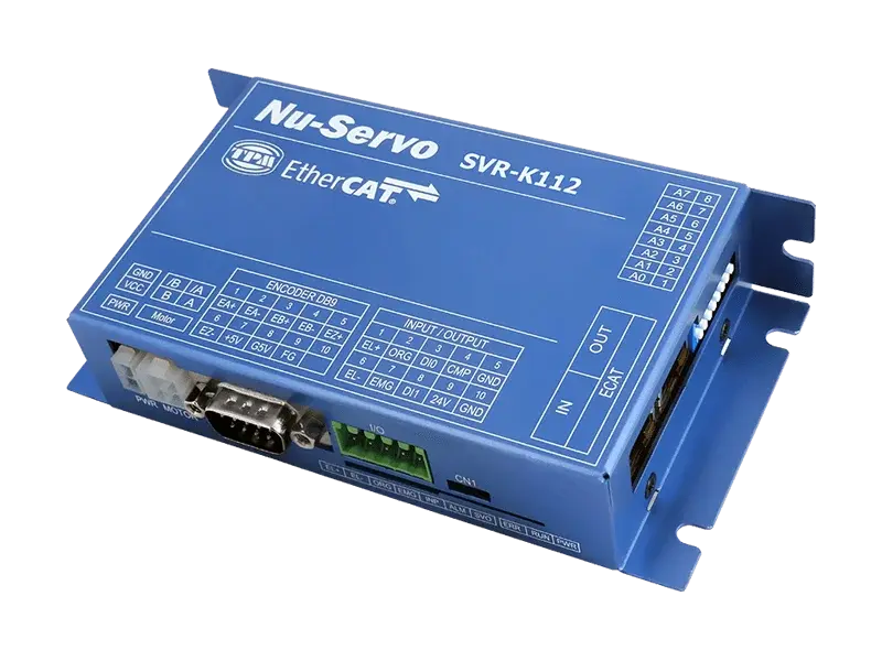 Blue TPM Nu-Servo SVR-K112 EtherCAT stepper motor driver front angled view