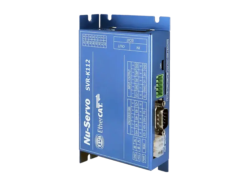 angled view of blue TPM SVR-K112 stepper motor driver showing connectors and labels