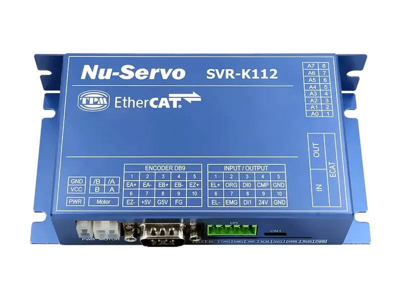 top view of Nu-Servo SVR-K112 EtherCAT stepper motor driver showing connector ports and labels