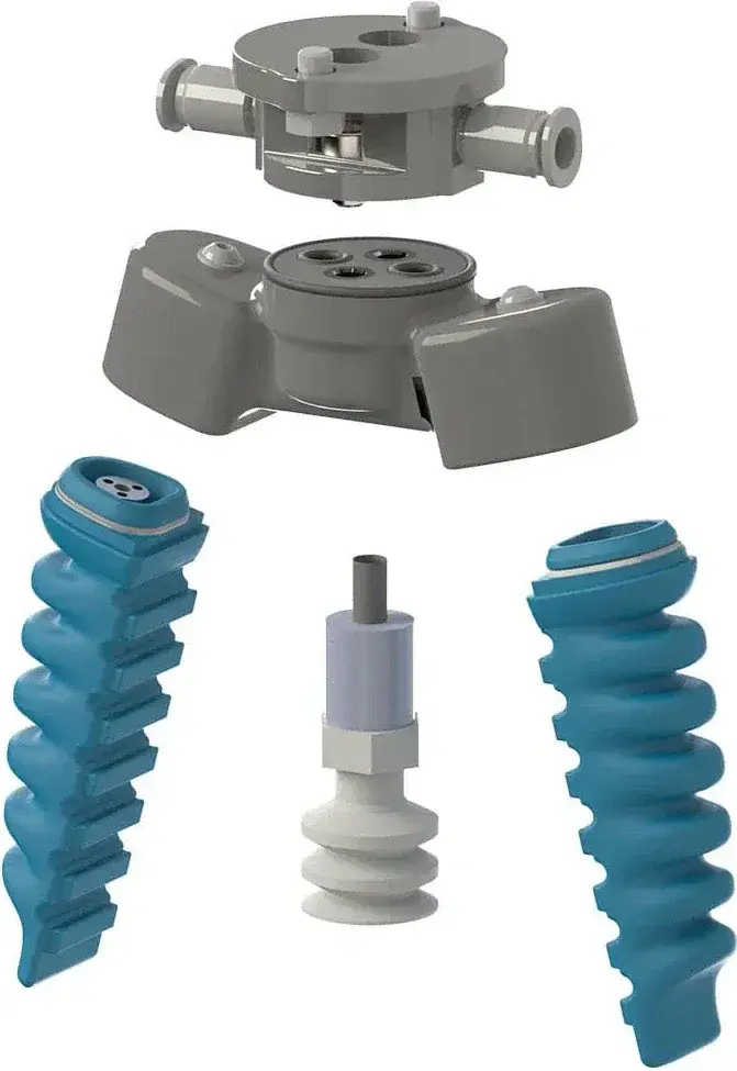 exploded view of softgripping two-finger parallel gripper with individual parts separated