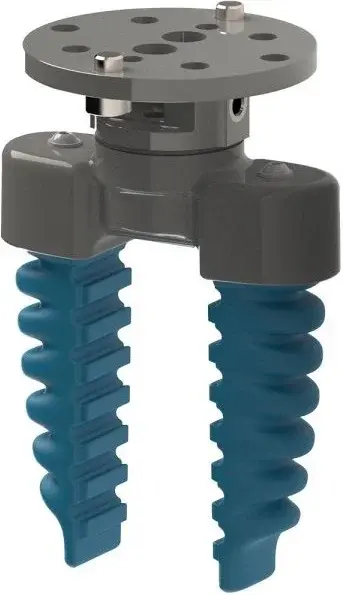 front view of SoftGripping two-finger parallel gripper with blue fingers and grey mounting plate