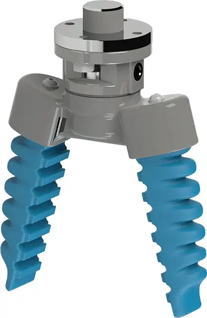 front view of two-finger parallel gripper with blue soft fingers and gray housing